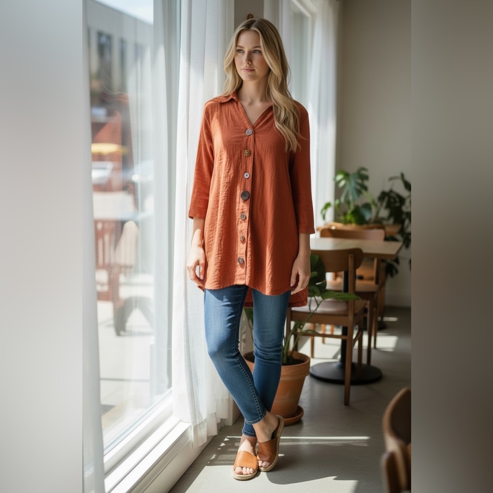 Soft Surroundings Orange Button-Down Top, M